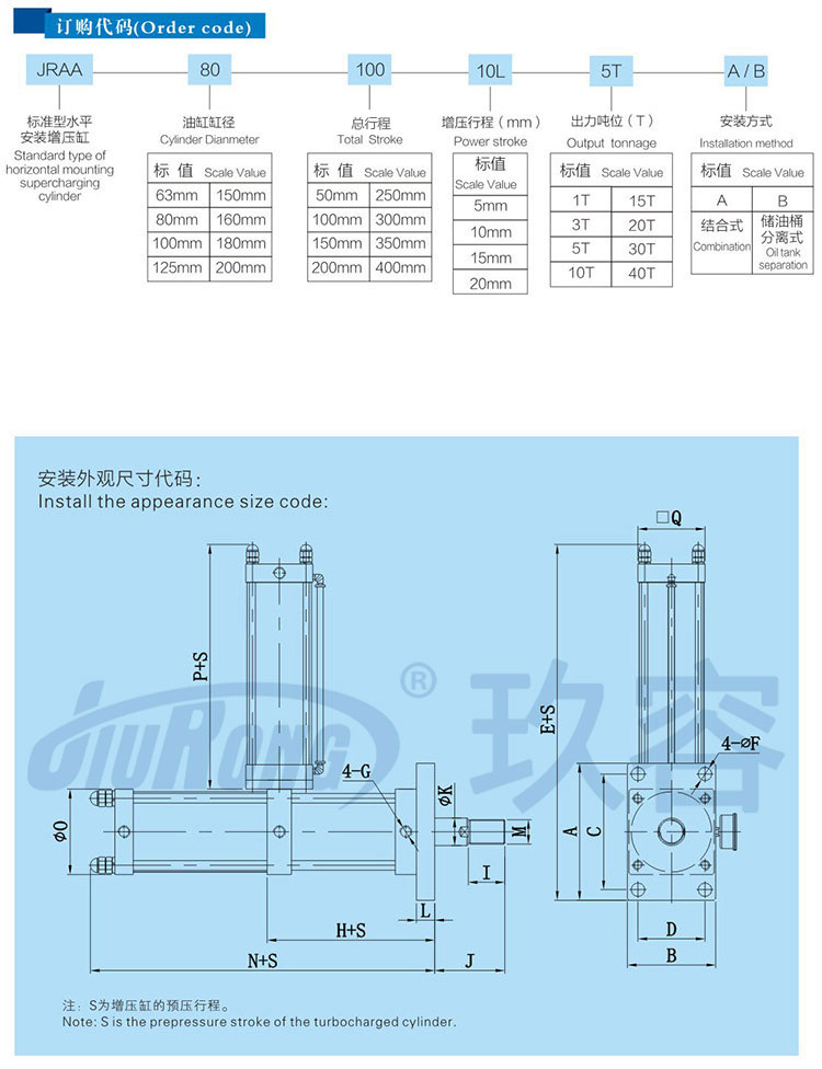 水平安裝臥式氣液增壓缸產(chǎn)品訂購及尺寸代碼